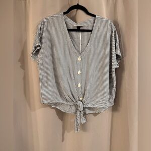 Universal Thread Striped V-Neck Button-Down Tie-Front Top
